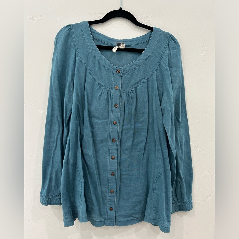PAIR of We the Free Linen Peasant Tops, Ivory and Teal, Sizes S and M - Picture 9 of 13